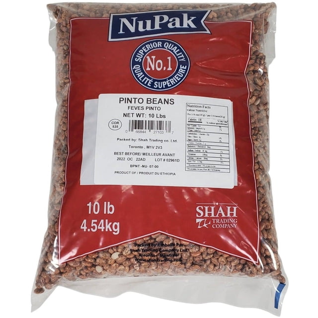 Nupak Pinto Beans 10lb package in a clear plastic bag with a red label. The bag contains dry pinto beans, mottled brown and beige, known for their soft, starchy texture and nutty taste. The label includes nutritional details, emphasizing high protein, fiber, and mineral content. Ideal for dishes like refried beans, chili, and burrito fillings. The weight is 10 lb (4.54 kg).