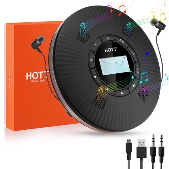 HOTT Portable CD Player Built-in 4 Speakers Bluetooth 5.3 Anti Skip CD Player,FM Transmitter,A-B Repeat AUX Cable Rechargeable 1800mAh Small CD Playe