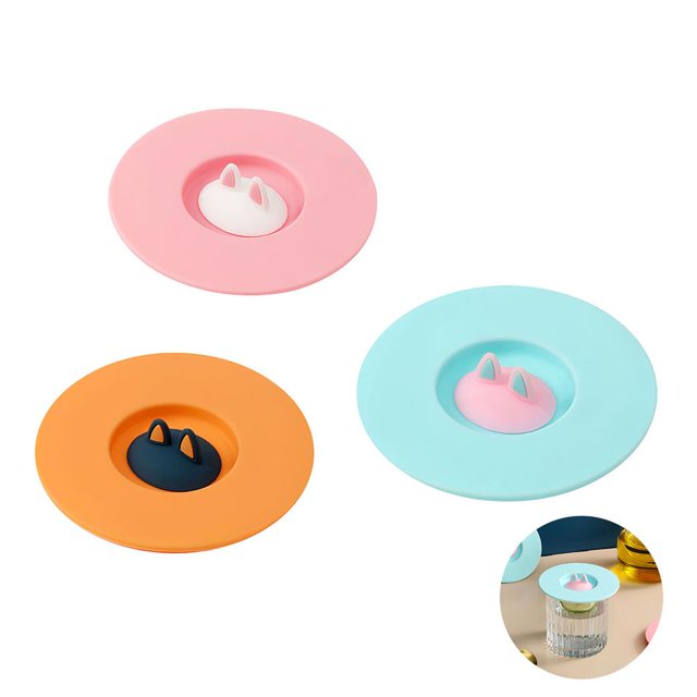 Cup Cover 3PCS Orange Pink Blue Cup Lid Set Cute Kitty Ears Design Cup Cover with Spoon Clip Silicone High and Low Temperature Resistant Water Cup Lid