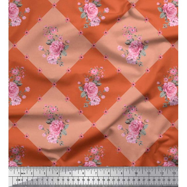 Soimoi polyester Crepe Fabric Leaves, & Rose Floral Fabric Prints By Yard 52 Inch Wide