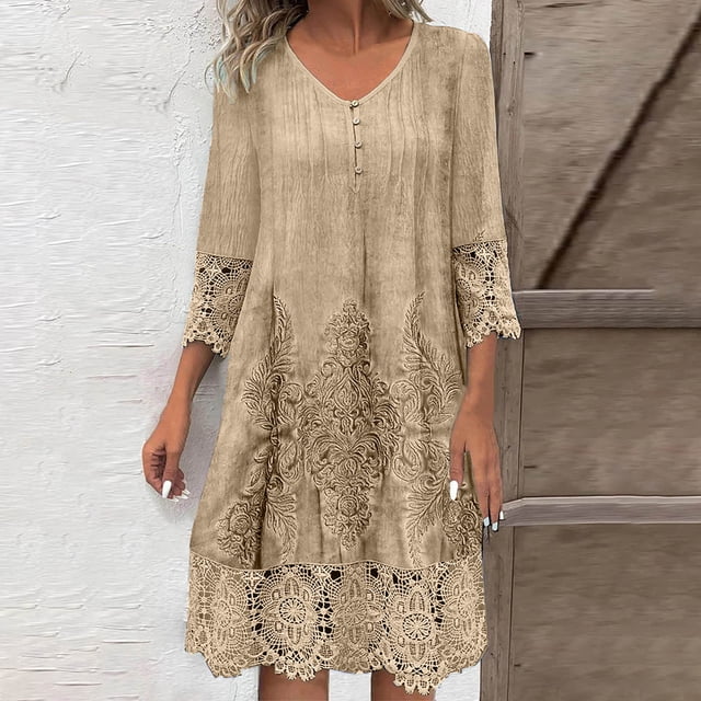 Ovzne Robes pour Femmes 2025 Robe pour Femme Mode pour Femmes Printemps/été Robe à Col en V Imprimée à Manches en Dentelle Robe de Printemps à Manches Longues Imprimée Liquidation