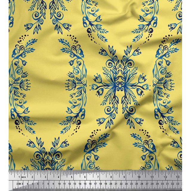 Soimoi Poly Georgette Fabric Floral & Ogee Damask Printed Fabric 1 Yard 42 Inch Wide