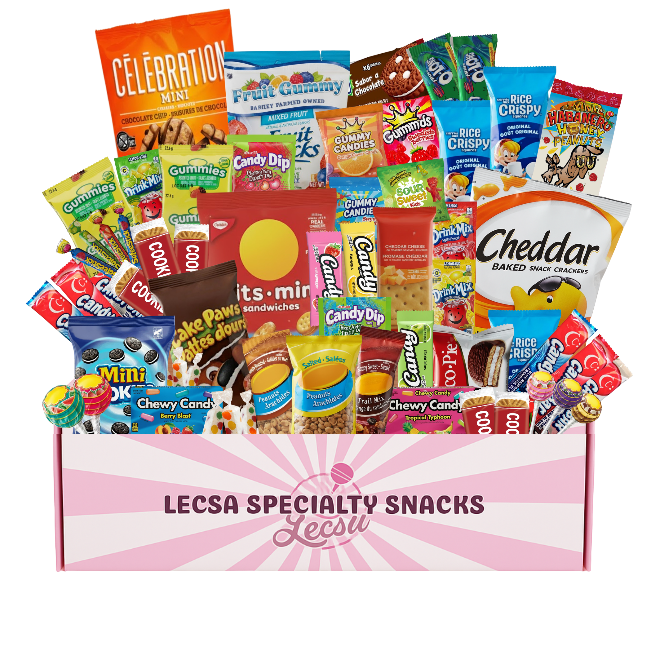 Snack Care Package - 60 Pcs Variety Pack of Treats for Kids and Adults - Snack Box with Cookies, Fun Size Candy, Drink Mix, Peanuts, Chips, Rice Crispies, and More – Gift Basket of Delicious Sweets