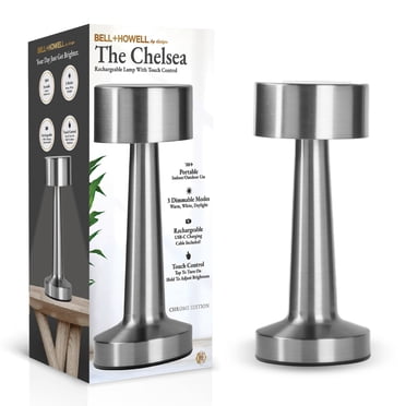 Bell + Howell Chelsea Table Lamp Small Cordless Touch LED Rechargeable Lamp for Bedside Desk Nightstand Silver