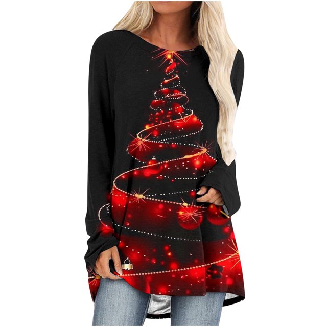 Pisexur Hauts de Noël pour Femmes Manches Longues Imprimé Vacances T-Shirt Mode Col Rond Chandail Décontracté Ample Automne Sortie