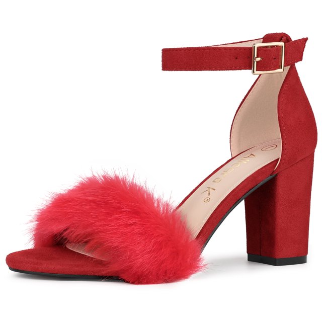 BLISSFUL STEP Women's Solid Color Faux Fur Ankle Strap Block Heels Sandals