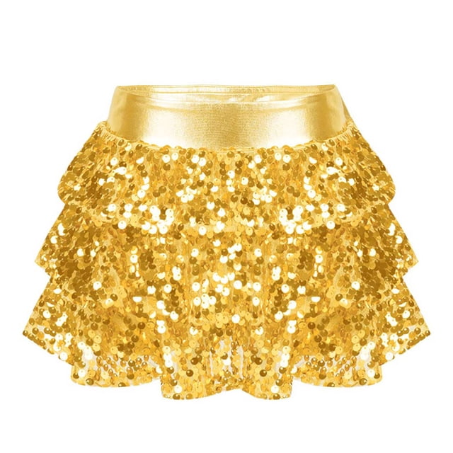 XUNZOO Girls Sequins Ruffle Layers Culottes Kids Shiny Hip Hop Samba Skirt with Shorts Latin Mini Gold 12