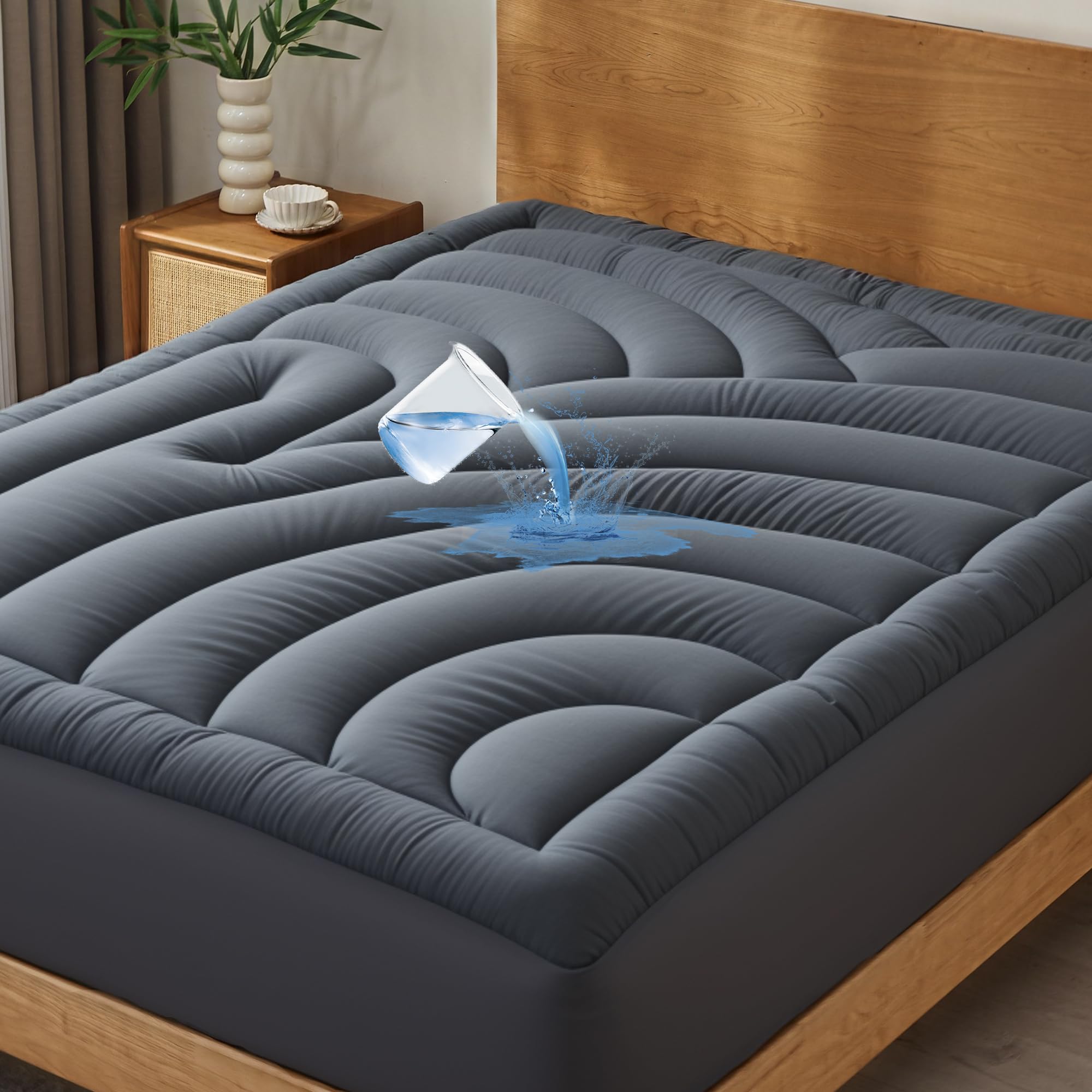Waterproof Mattress Pad King, Quilted Fitted King Mattress Topper, Five-Layers Noiseless Mattress Protector Cover with 8"-21" Deep Pocket, Machine Washable, Grey, 78x80