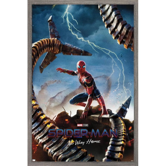 Marvel Spider-Man: No Way Home - Teaser Wall Poster depicting Spider-Man in his red and blue suit crouching on rocky terrain, encircled by mechanical tentacles under a stormy sky with lightning, measuring 22.375 by 34 inches, suitable for bedroom or office wall décor.