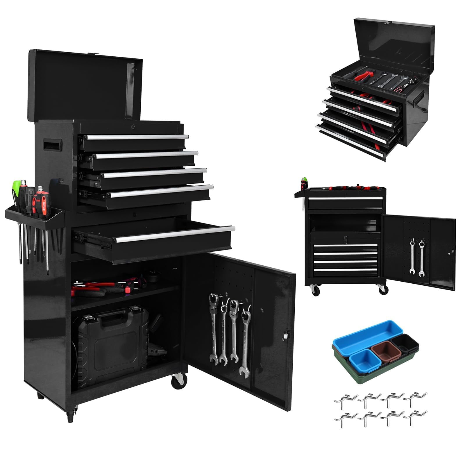 AKDSteel 5-Drawer Steel Tool Chest on Wheels, 2-in-1 Lockable Toolbox with Hooks, Dividers, and Rolling Casters for Garage or Workshop