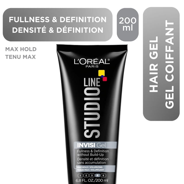 Studio Line INVISI Gel Capillaire par L'Oréal Paris en tube Noir de 200 ml avec Texte Argenté et Multicolore, Offrant un Maintien Maximal et une Volumisation de la Plénitude et de la Définition pour des Cheveux Courts Sans Accumulation.