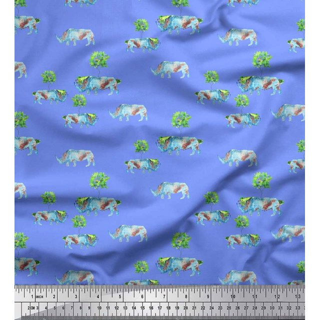Soimoi Blue polyester Crepe Fabric Tree & Rhinoceros Animal Decor Fabric Printed Yard 42 Inch Wide
