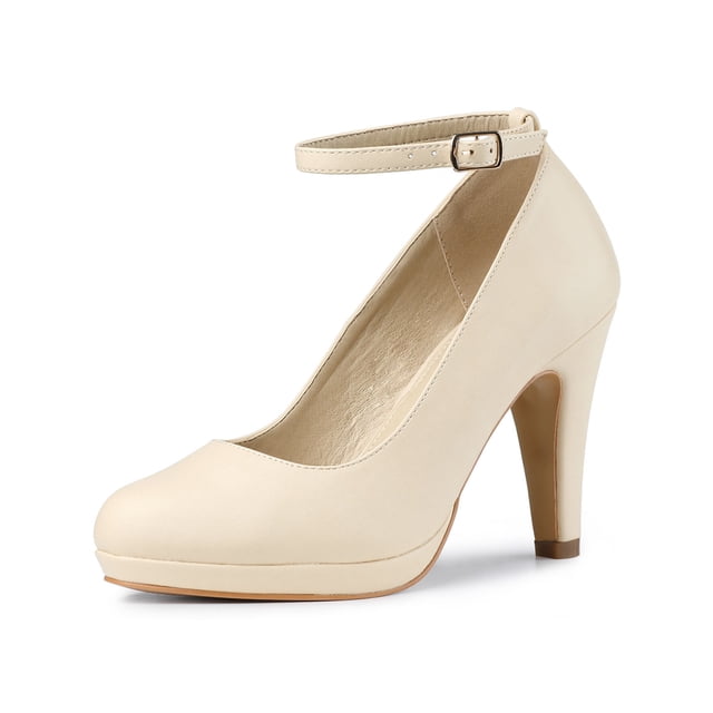 BLISSFUL STEP Chaussures pour Femmes Bout Rond Talon Aiguille Bride à la Cheville Escarpins Beige 6,5