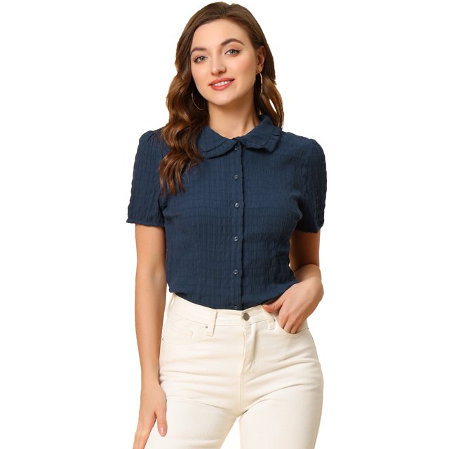 INSPIRE CHIC Chemise Douce pour Femme Vintage à Col Poupée Mignon Boutonnée m Bleu Foncé
