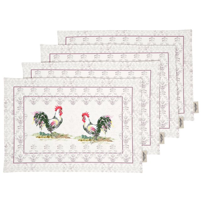 Vargottam Napperons - Napperon pour Table à Manger, Ensemble de 4 - Serviette en Coton Imprimée et Réversible - Napperons d'Intérieur pour Table de Salle à Manger à la Maison et en Cuisine - Coq (Gris)