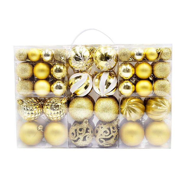 Cyber of Monday Deals! kkbbma 100ct Christmas Tree Ball Ornaments Decorations set with 100 shatterproof plastic ornaments in gold tones. Features shiny, matte, and glitter finishes, packaged in a reinforced clear box for safe storage. Ideal for Christmas tree decorations, holiday parties, and DIY projects.