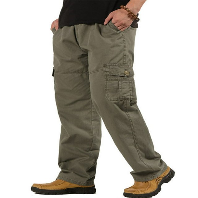 Mens Loose Cargo Pants Casual Elastic Waist Solid Color Straight Leg Work Pants