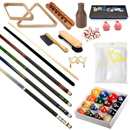 Pool Table - Premium Billiard 32 Pieces Accessory Kit with regulation-sized 2 1/4-inch Pro Series Royal Crown billiard balls, four 57.5-inch pool cue sticks, bridge stick, nine-ball diamond rack, triangle, six-cue Roman rack, under rail brush, table brush, chalk, table cover, and additional accessories. Suitable for game room setups or casual billiard practice.