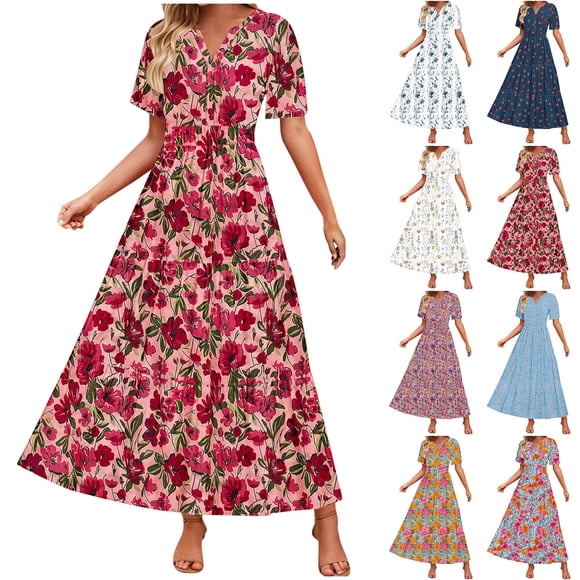 Wiyuqeen Boho Maxi Dresses for Women Button V Neck Floral Dresses Short Sleeve Ruffle Tiered A Line Dresses Summer Ankle Dresses