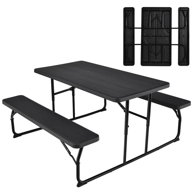 Costway Foldable Picnic Table Bench Set Outdoor Camping for Patio & Backyard Black front-facing folding picnic table with attached benches, black rustproof steel frame and wood-like HDPE desktop (54" x 28") and rounded corners; hook-and-loop fasteners secure it when folded, benches support listed capacity 550 lbs each and desktop 330 lbs; portable, foldable design for outdoor dining, camping or patio use, often used as a portable game or study table.