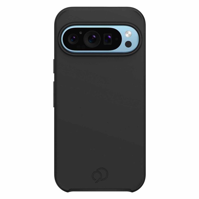 Nimbus9 Cirrus 3 Étui MagSafe Noir pour Google Pixel 9/9 Pro, Vue Arrière Montrant un Étui Noir Mince et Léger à Double Couche avec Matériaux TPU et PC, Découpes de Caméra Surélevées avec Garniture Bleu Pâle Autour des triple Objectifs, Système de Montage Magnétique Intégré compatible avec Accessoires MagSafe, texture Toucher Doux et protection contre les Chutes jusqu'à 20 Pi.