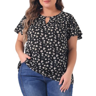 GRACE & GRANDIVERS Hauts en Chiffon Grande Taille pour Femmes Col Trou de Serrure Manches Courtes Chemises Blouses 2X Noir Rose