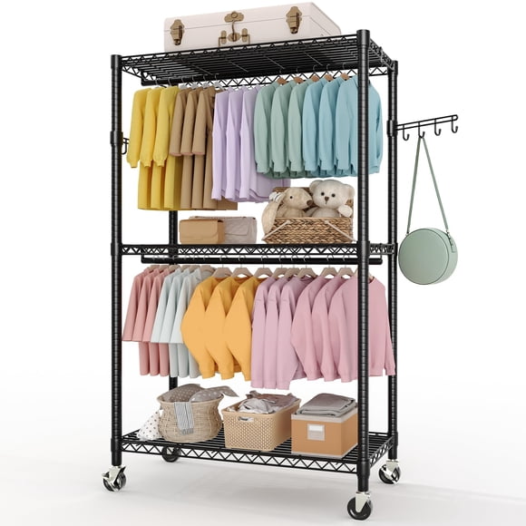 Yiwa Portable Garment Rack on Wheels, Heavy Duty Metal Clothing Rack with Adjustable Wire Shelves and Hooks, NSF Certified