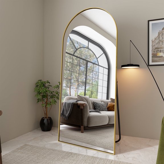 BEAUTYPEAK Miroir Pleine Longueur Surdimensionné Arqué 76"x34 Pouces Miroirs sur Pied pour Appuyer Ou Poser, Or