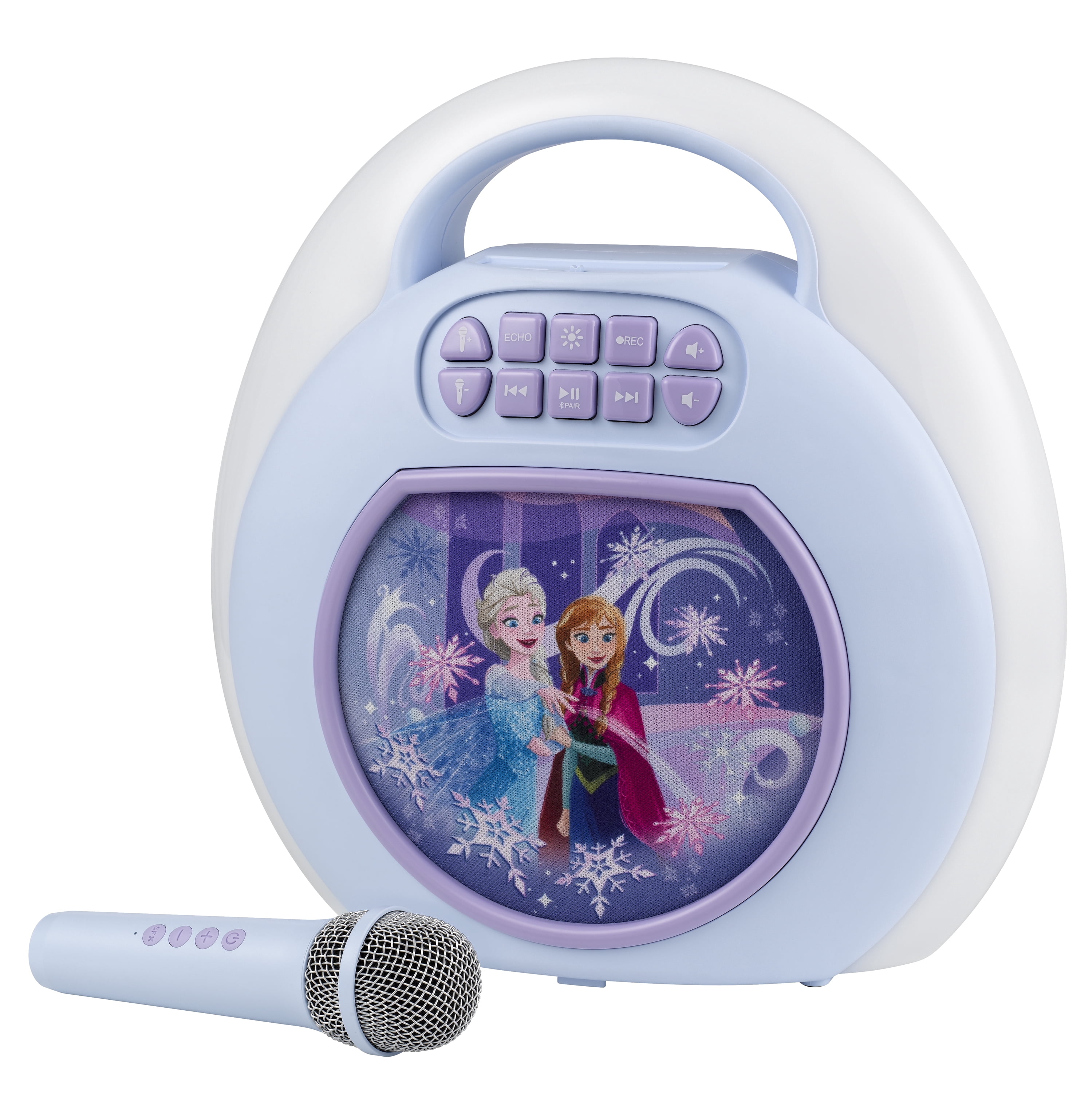 Machine de karaoké MP3 BT Frozen ave microphone sans fil et port d’extension USB pour stocker et enregistrer vos chansons préférées. Écoutez et chantez en même temps sur de la musique diffusée via BT.