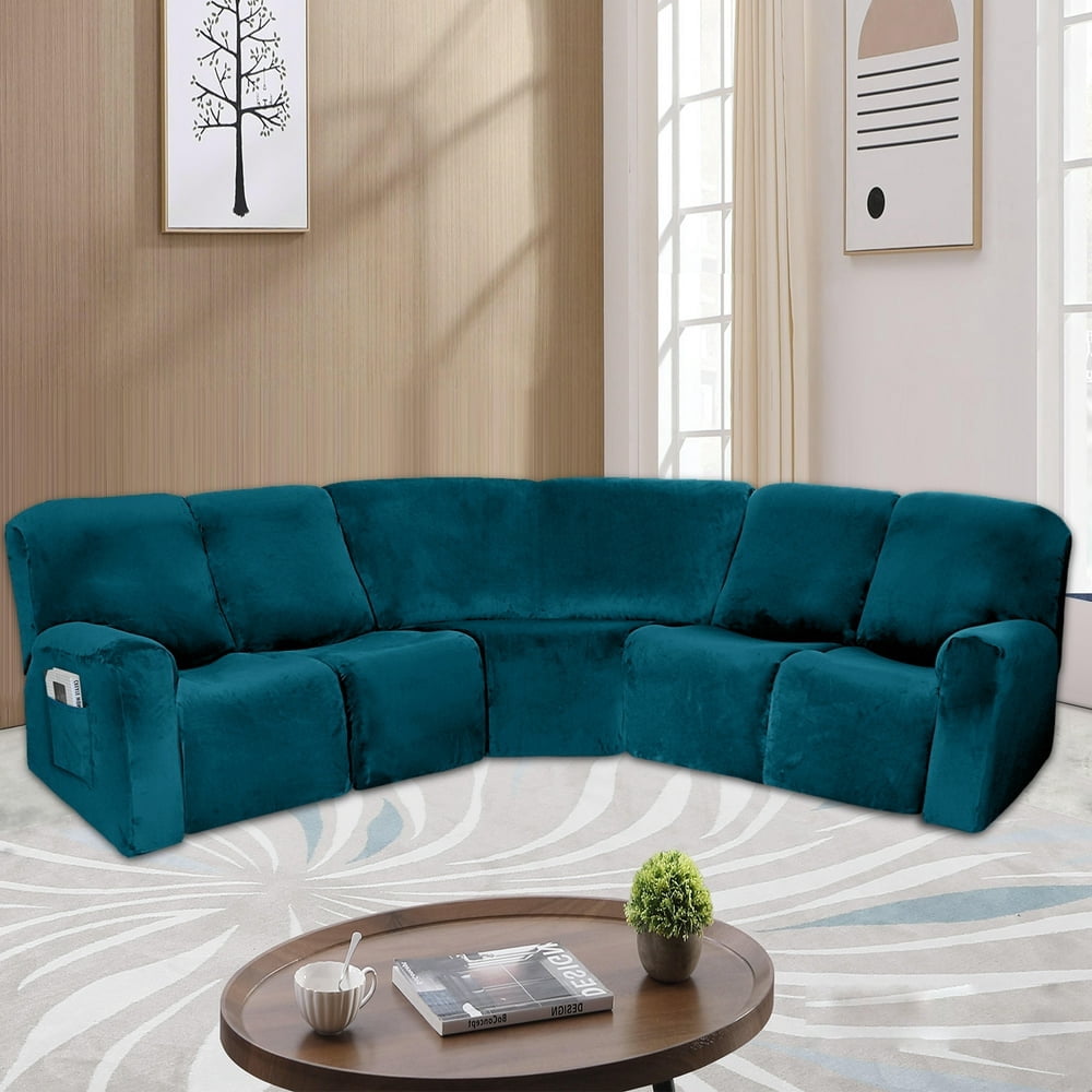 CHOK 2024 Housses Extensibles pour Canapé d'Angle Inclinable 5 Places en Velours, Housses de Canapé Sectionnel Inclinable, Protège-Meubles, Bleu Eau Profonde