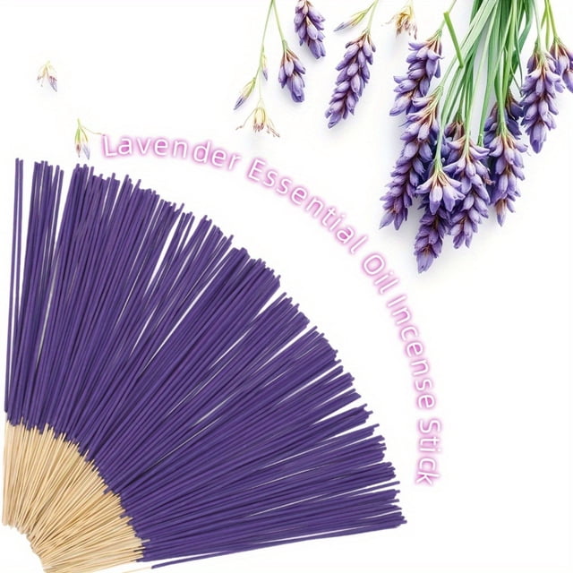 WIFKLSIIPG 140 Sticks Home Fragrance Incense Diffuser in lavender scent, featuring purple incense sticks fanned out with natural wooden bases. Lavender flowers are displayed in the background, emphasizing the soothing aroma. Suitable for odor elimination, relaxation, and meditation.