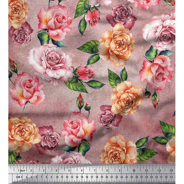 Soimoi Tissu en Velours Orange Imprimé Feuilles et Roses au Mètre 58 Pouces de Large