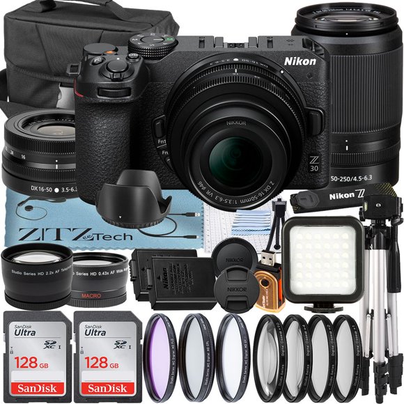 Nikon Z30 Mirrorless Camera with NIKKOR 16-50mm + DX 50-250mm Zoom Lens + 2 Pack SanDisk 128GB Card + Case + Telephoto + Tripod + ZeeTech Accessory Bundle