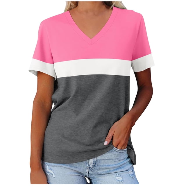 Yuyuzo T-Shirts pour Femmes Manches Courtes Décontractés Col en V Tops d'Été Color Block Tees Amples