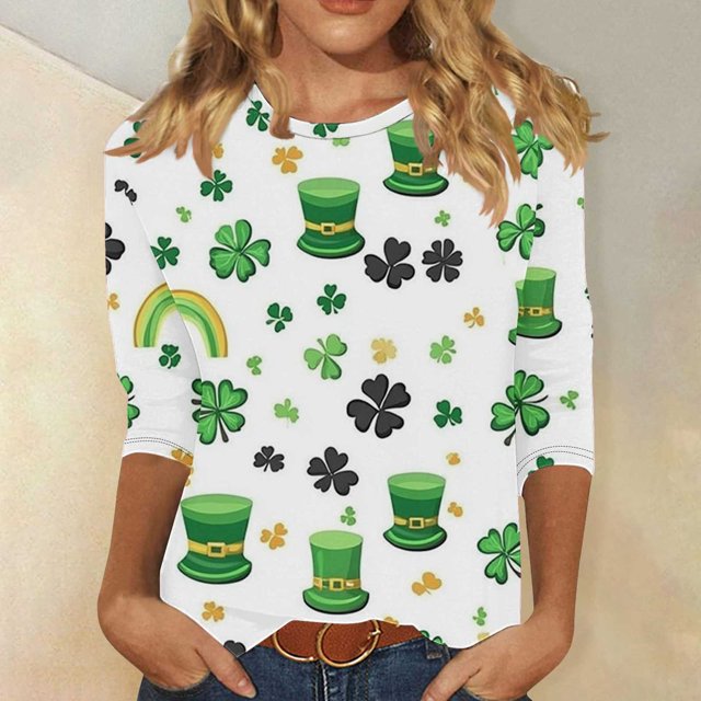 Mceream T-Shirt de la Saint-Patrick à Manches 3/4 pour Femme, Blouses à Col Rond, Décontracté, Vacances, Trèfle Irlandais, T-Shirts Graphiques, Tunique d'Été Amusante, Hauts de Festival, Grande Taille, Vert, TG