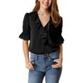 thumbnail image 2 of INSPIRE CHIC Blouse en Mousseline Semi-Transparente pour Femme à Volants, Col en V, Manches Bouffantes au Coude, 3TG, Noir, 2 of 7