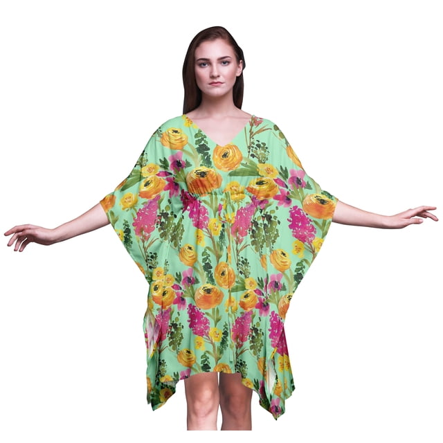 Bimba Kaftan Fleuri pour Femmes, Tenue d'Intérieur de Vacances, Robe Midi, Couvre-Maillot de Plage - 4X-5X