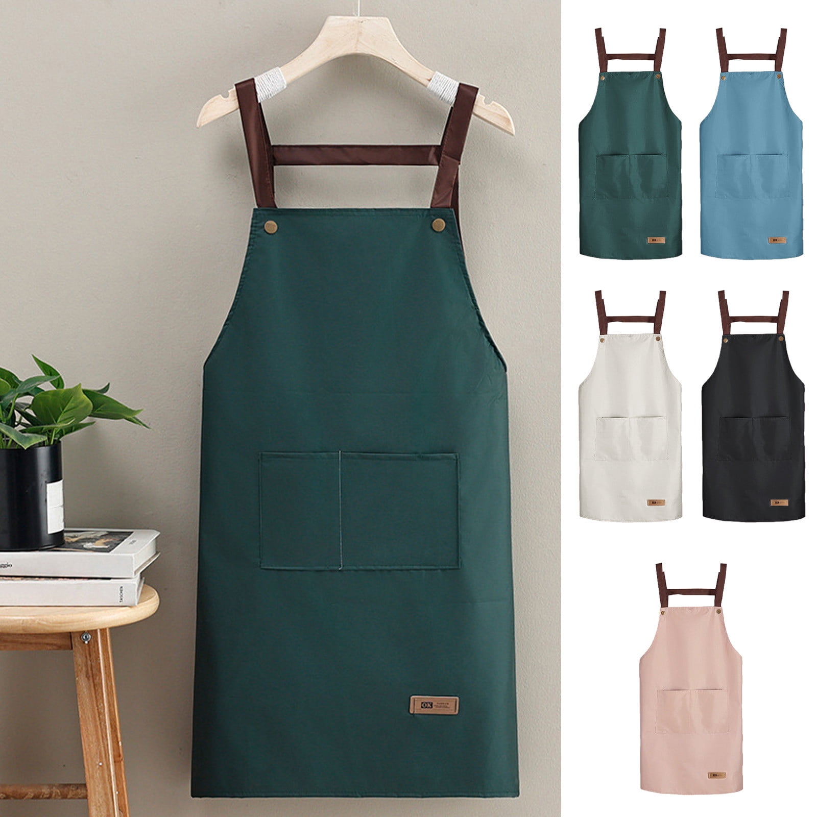 Boovnll Apron, Solid Color Adjustable Thicken Kitchen Cooking Aprons with Pockets Water & Oil Proof for Home Kitchen, Aprons for Women with Pockets