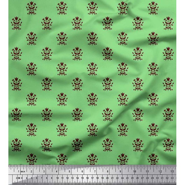 Soimoi Poly Georgette Fabric Leaves & Floral Block Printed Fabric 1 Yard 52 Inch Wide