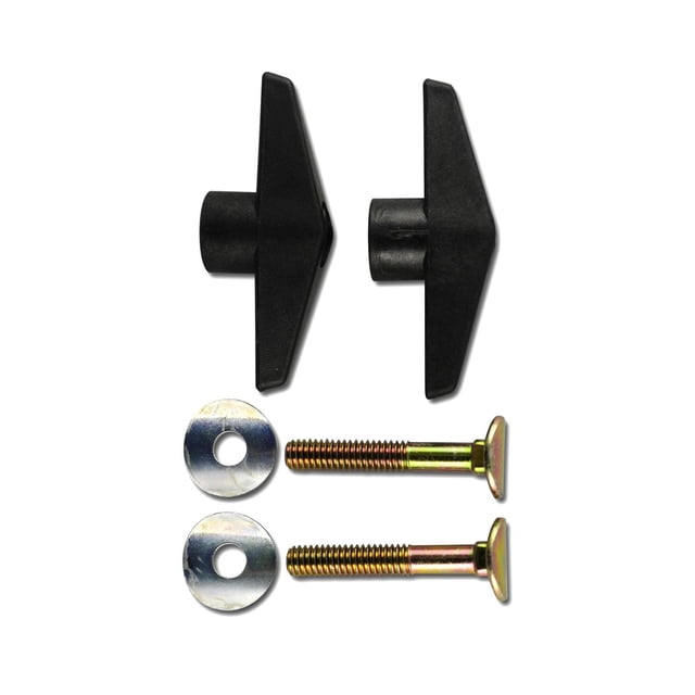 Handle Hardware Kit - 4 Pieces with two black plastic wing nuts, two 5/16-inch curved carriage bolts, and two round metal washers, designed for universal mounting on lawnmower and garden equipment handles, also suitable for some snow thrower handles.