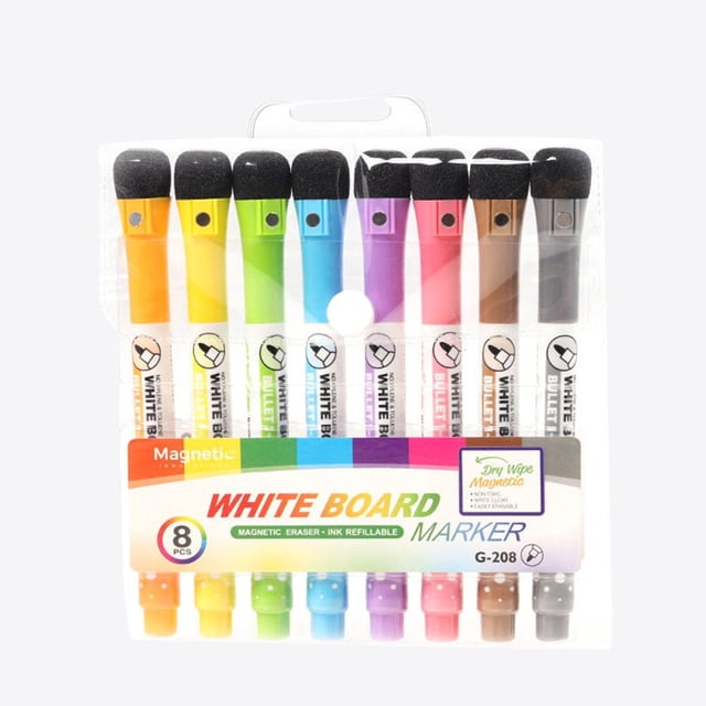 JUNWELL Magnetic Dry Erase Markers Set - 8 Colors Fine Point Tip White Board Marker With Eraser