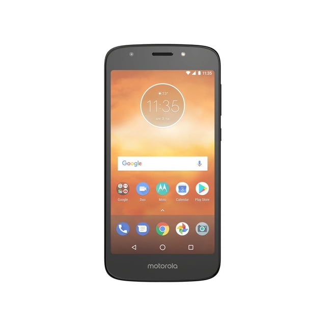 moto e⁵ play unlocked phone with 5.2-inch HD screen showing home screen apps, front camera, fingerprint sensor, and Motorola logo on bottom bezel, featuring 16GB storage expandable up to 128GB via microSD card, suitable for everyday media use