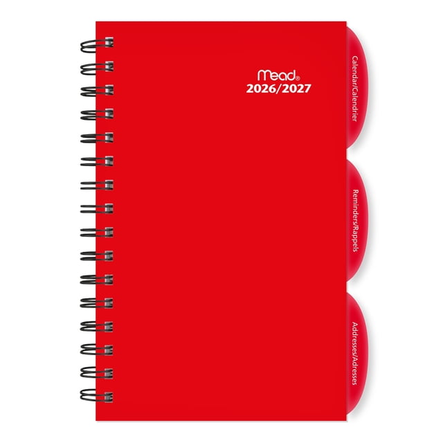 2027 Mead® Medium Weekly and Monthly Poly Planner, 18 months (Jul 2026–Dec 2027), bilingual. Durable poly cover with twin-wire binding, 5-3/5” x 8” medium planner with 3 poly-tabbed sections (calendar, notes, address), monthly and ruled weekly two-page spreads with past/current/future month references, full-year calendars and Canada map; suitable for compact travel scheduling.