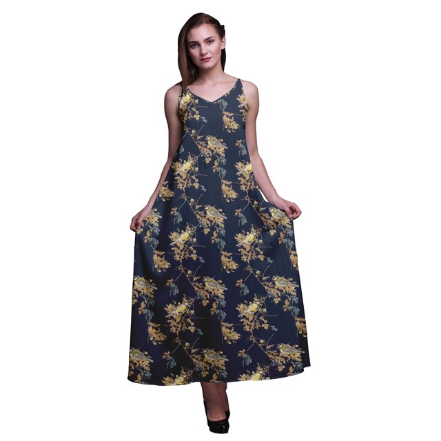 Bimba Robe Maxi à Bretelles Spaghetti Sans Manches pour Femmes en Rayonne Imprimée d'Oiseaux, Coupe Évasée, Cami - Medium