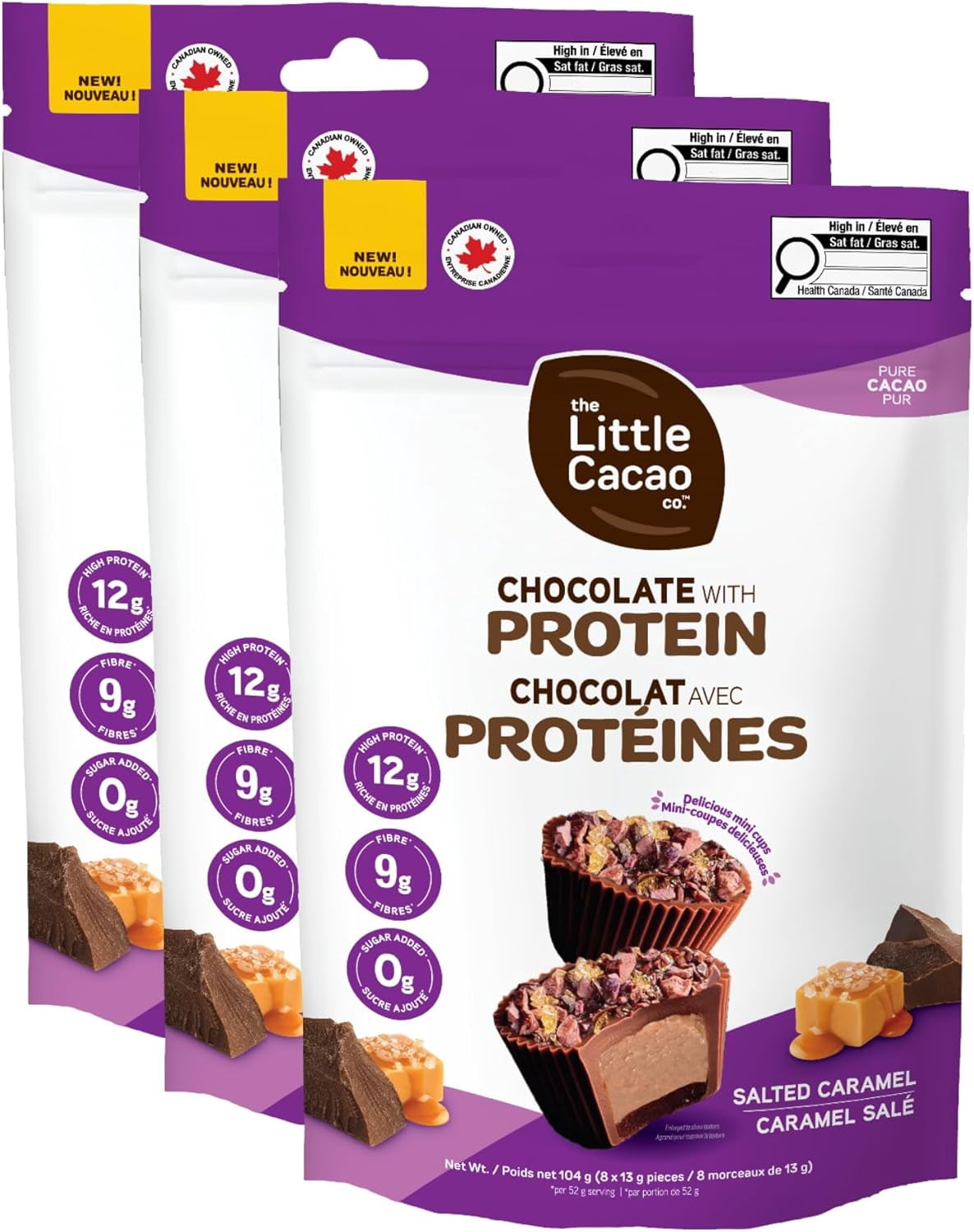 The Little Cacao Co. - Mini Protein Cups, with Cocoa Nibs - High Protein (12g) Snack, 9g Fibre, No Sugar, Non-GMO, Keto Friendly Peruvian Cacao Cups (Salted-Caramel) - 3x 104g packs