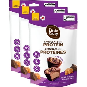 The Little Cacao Co. - Mini Coupes protéinées, avec nichons de cacao - Protéines élevées (12g) Snack, c'est quoi ? 9g Fibre, Pas de sucre, Non-OGM, Keto Friendly Péruvienne Cacao Coupes (Salted-Caramel) - 3x 104g Boîtes