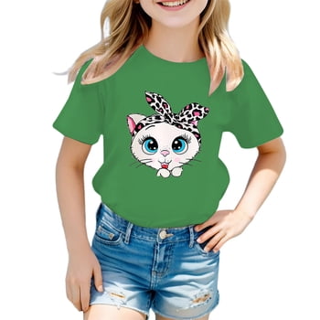 TIEVOSA Kid Girls Cute Graphic Round Neck Short Sleeve Tee Summer Casual T Shirt for 11-12 Years(Green)