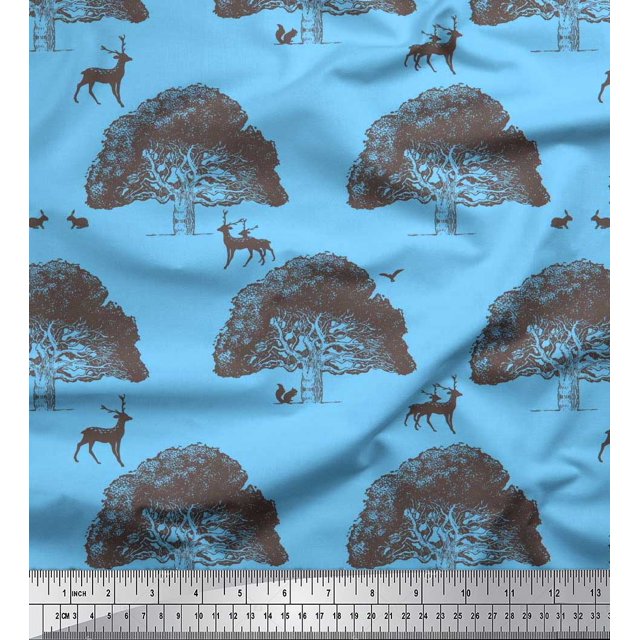 Soimoi Poly Georgette Fabric Tree,Rabbit & Reindeer Animal Printed Fabric 1 Yard 52 Inch Wide