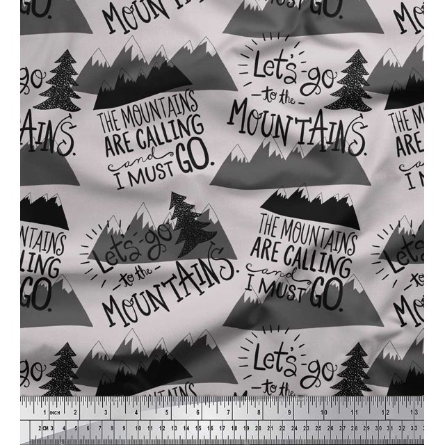Soimoi Gray Heavy Satin Fabric Mountains & Text Fabric Prints By Yard 54 Inch Wide