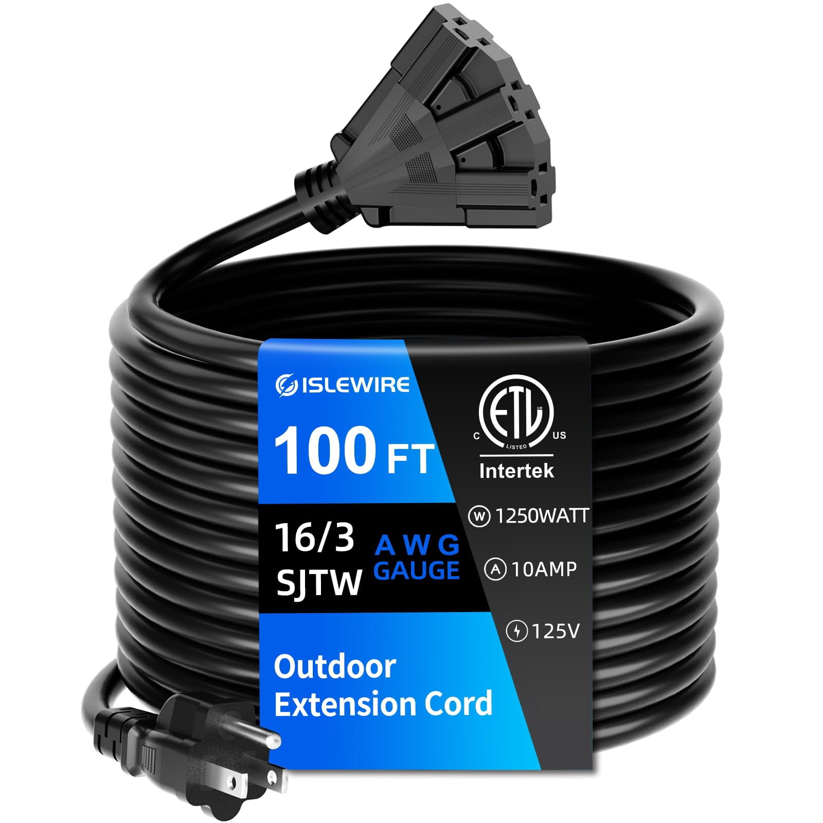 islewire 100 FT 3 Outlet Outdoor Extension Cord Waterproof, 16/3 SJTW Black Extension Cord with Multiple Outlets, Heavy Duty 16 Gauge 3-Prong Grounde